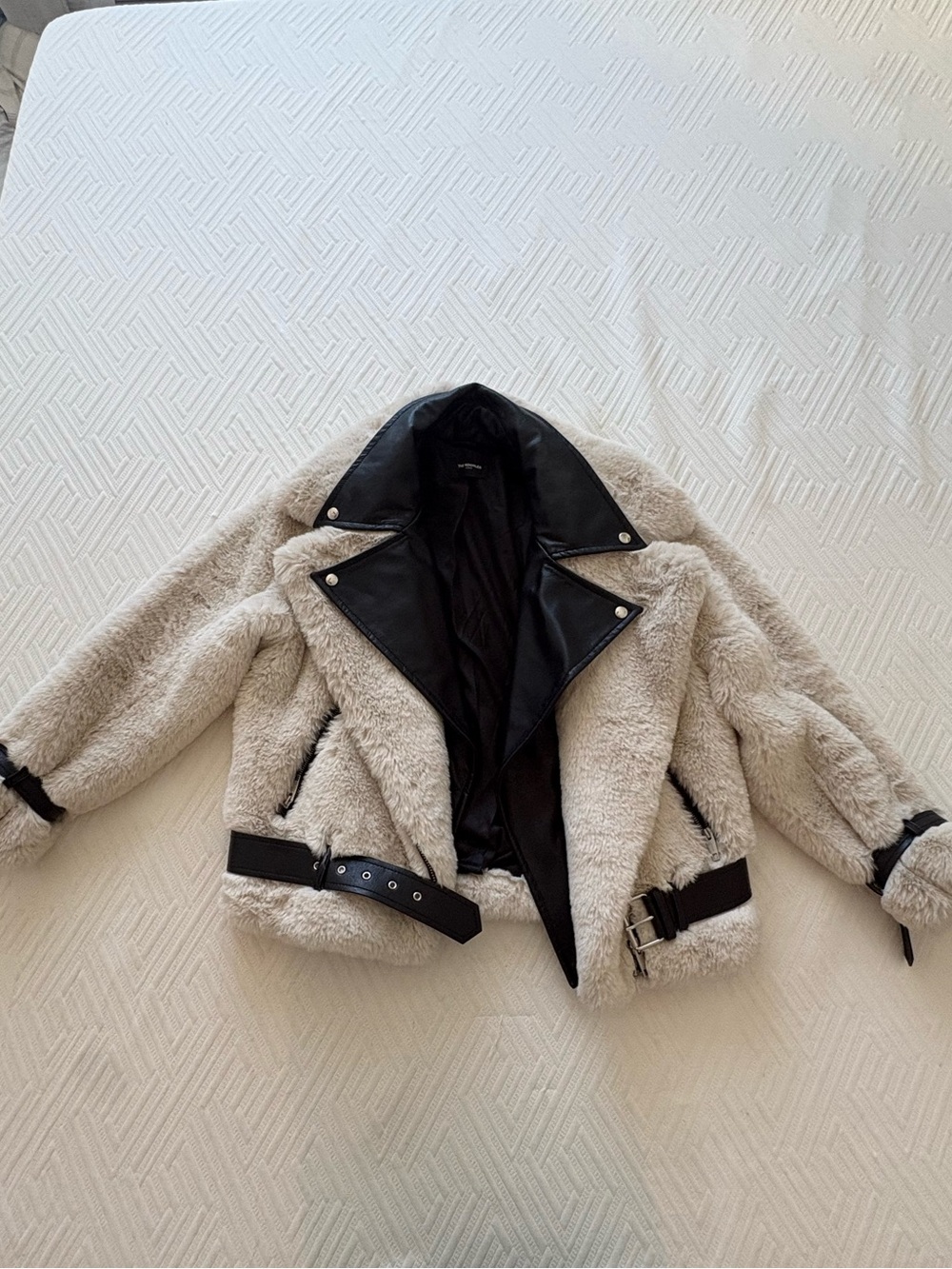 The Kooples Cream Faux Fur Biker Jacket with Black leather Trim